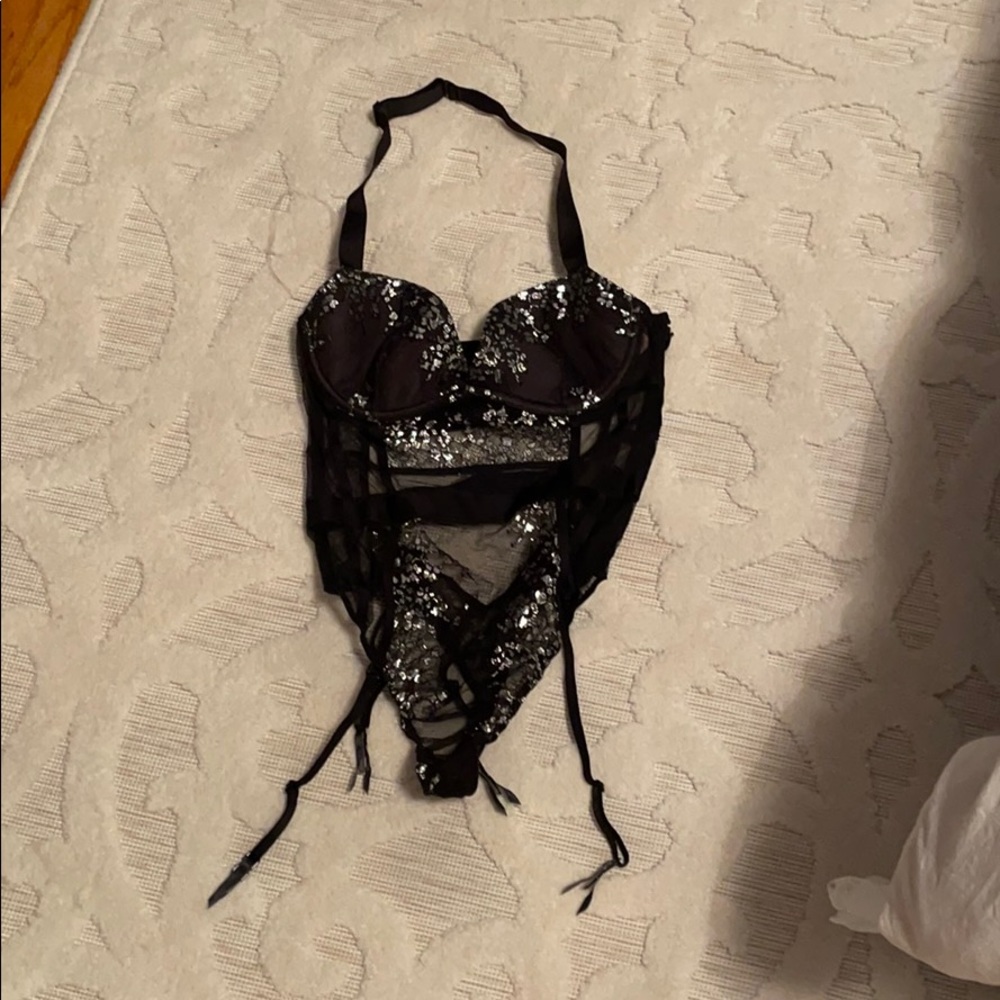 NWT Black thong halter lingerie teddy 34b